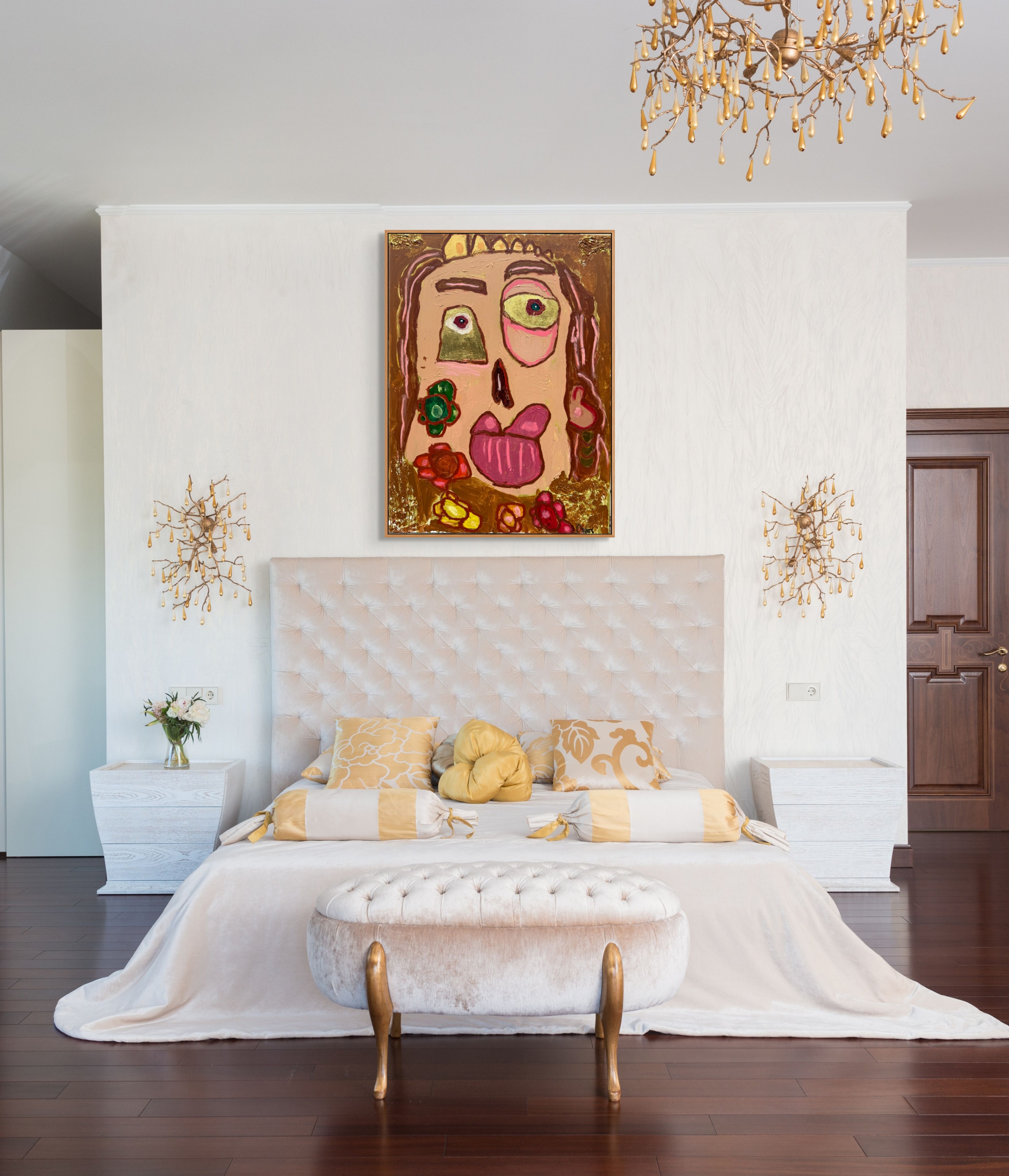 Princess Komata, 2026, acrylic, oil pastel, and gold leaf on canvas